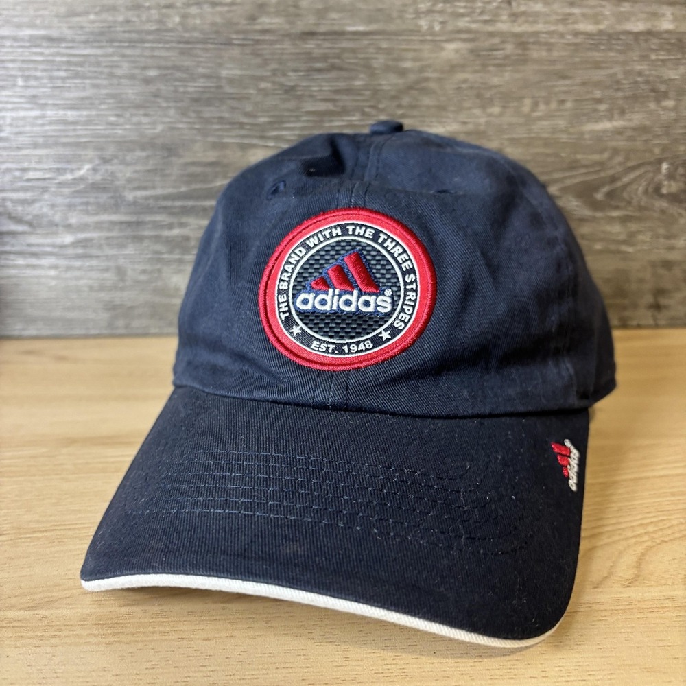 Adidas Hat Cap Strap Back Navy Blue Red Patch Embroidered Est 1949 Mens Athletic
